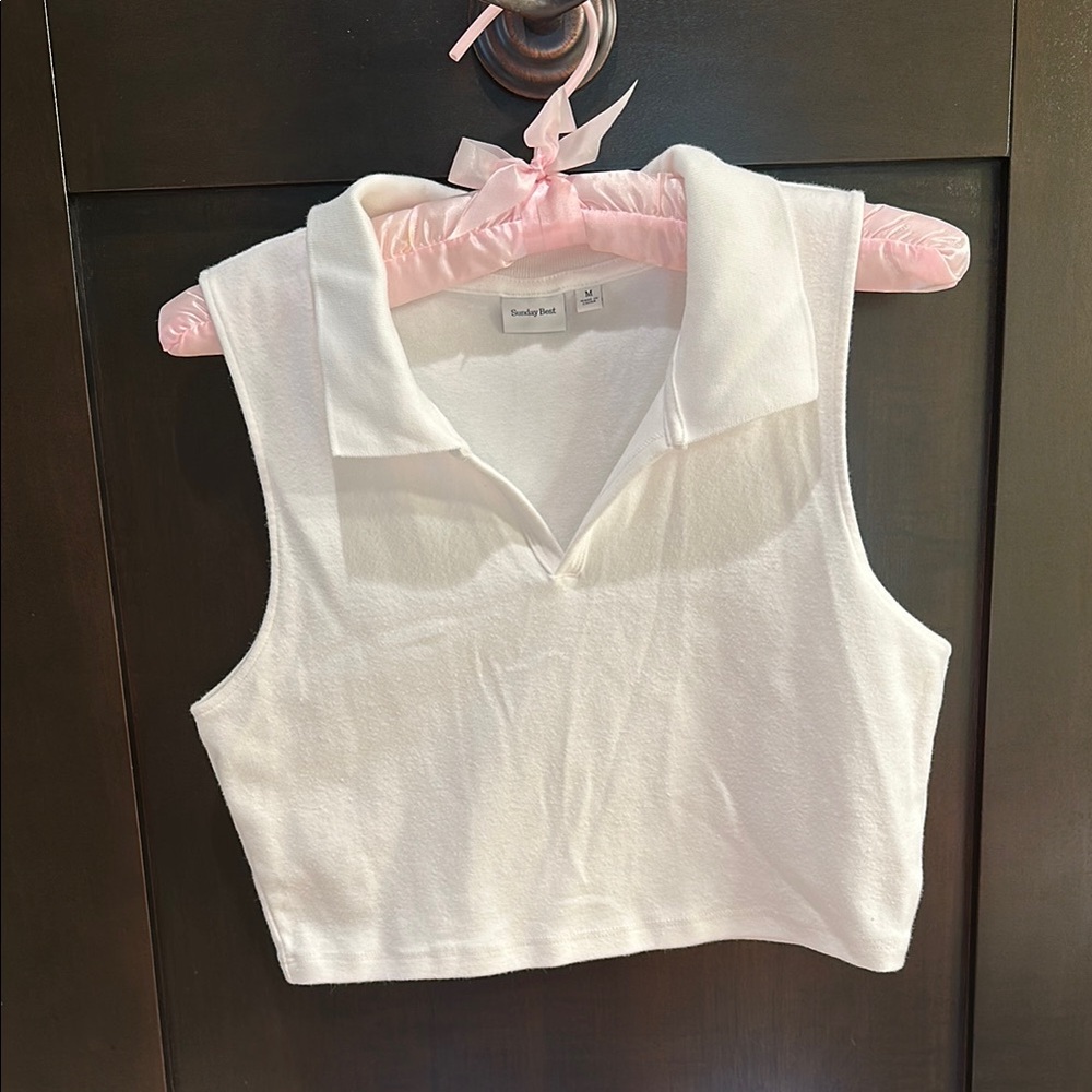 Sunday Best White Sleeveless Polo Crop Top